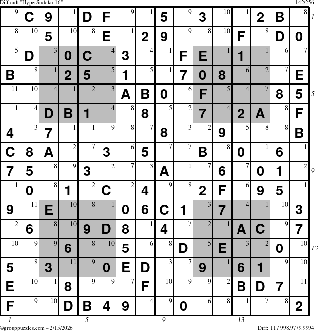 The grouppuzzles.com Difficult HyperSudoku-16 puzzle for Sunday February 15, 2026 with all 11 steps marked