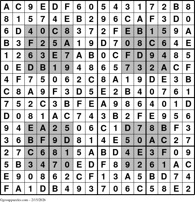 The grouppuzzles.com Answer grid for the HyperSudoku-16 puzzle for Sunday February 15, 2026