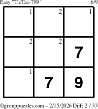 The grouppuzzles.com Easy TicTac-789 puzzle for Sunday February 15, 2026 with the first 2 steps marked