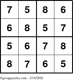 The grouppuzzles.com Answer grid for the Sudoku-4-5678 puzzle for Wednesday February 18, 2026