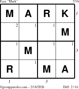 The grouppuzzles.com Easy Mark puzzle for Wednesday February 18, 2026 with all 2 steps marked