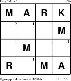 The grouppuzzles.com Easy Mark puzzle for Wednesday February 18, 2026 with the first 2 steps marked