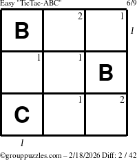 The grouppuzzles.com Easy TicTac-ABC puzzle for Wednesday February 18, 2026 with all 2 steps marked