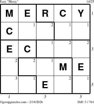 The grouppuzzles.com Easy Mercy puzzle for Wednesday February 18, 2026 with all 3 steps marked