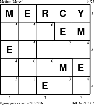 The grouppuzzles.com Medium Mercy puzzle for Wednesday February 18, 2026 with all 6 steps marked