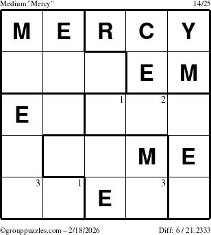 The grouppuzzles.com Medium Mercy puzzle for Wednesday February 18, 2026 with the first 3 steps marked