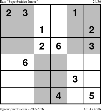 The grouppuzzles.com Easy SuperSudoku-Junior puzzle for Wednesday February 18, 2026