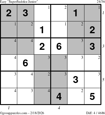 The grouppuzzles.com Easy SuperSudoku-Junior puzzle for Wednesday February 18, 2026 with all 4 steps marked