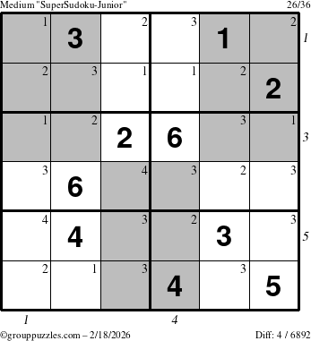 The grouppuzzles.com Medium SuperSudoku-Junior puzzle for Wednesday February 18, 2026, suitable for printing, with all 4 steps marked