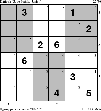 The grouppuzzles.com Difficult SuperSudoku-Junior puzzle for Wednesday February 18, 2026 with all 5 steps marked