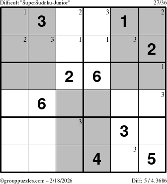 The grouppuzzles.com Difficult SuperSudoku-Junior puzzle for Wednesday February 18, 2026 with the first 3 steps marked