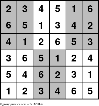 The grouppuzzles.com Answer grid for the SuperSudoku-Junior puzzle for Wednesday February 18, 2026