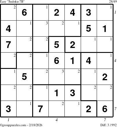The grouppuzzles.com Easy Sudoku-7B puzzle for Wednesday February 18, 2026, suitable for printing, with all 3 steps marked