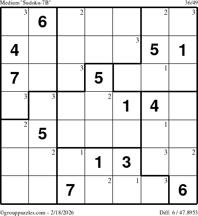 The grouppuzzles.com Medium Sudoku-7B puzzle for Wednesday February 18, 2026 with the first 3 steps marked