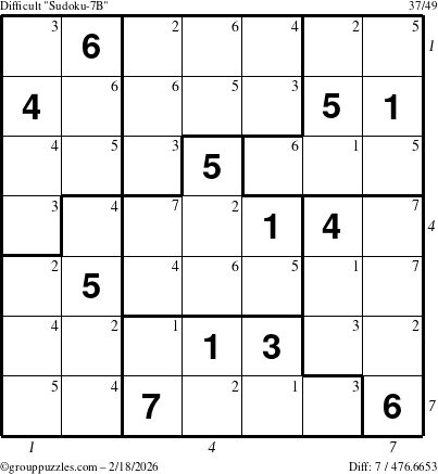 The grouppuzzles.com Difficult Sudoku-7B puzzle for Wednesday February 18, 2026, suitable for printing, with all 7 steps marked