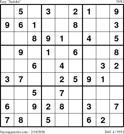 The grouppuzzles.com Easy Sudoku puzzle for Wednesday February 18, 2026