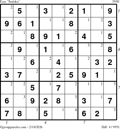 The grouppuzzles.com Easy Sudoku puzzle for Wednesday February 18, 2026, suitable for printing, with all 4 steps marked