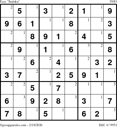 The grouppuzzles.com Easy Sudoku puzzle for Wednesday February 18, 2026 with the first 3 steps marked