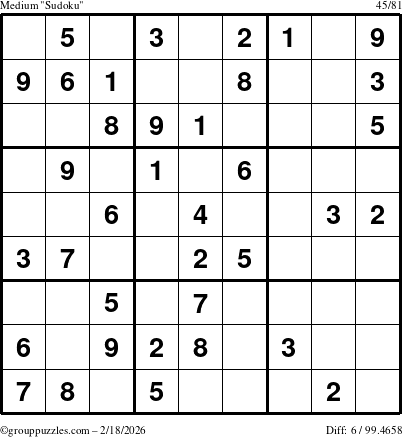 The grouppuzzles.com Medium Sudoku puzzle for Wednesday February 18, 2026