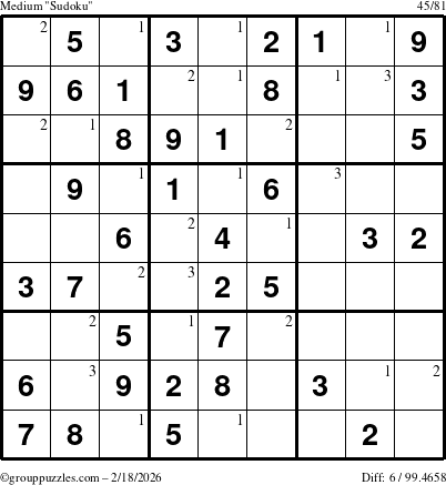 The grouppuzzles.com Medium Sudoku puzzle for Wednesday February 18, 2026 with the first 3 steps marked