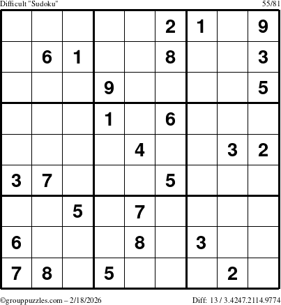 The grouppuzzles.com Difficult Sudoku puzzle for Wednesday February 18, 2026