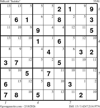 The grouppuzzles.com Difficult Sudoku puzzle for Wednesday February 18, 2026, suitable for printing, with all 13 steps marked