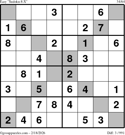 The grouppuzzles.com Easy Sudoku-8-X puzzle for Wednesday February 18, 2026