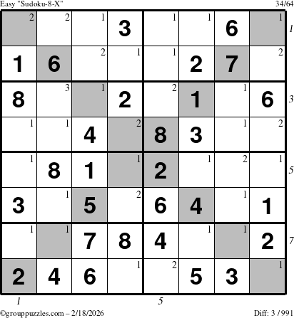 The grouppuzzles.com Easy Sudoku-8-X puzzle for Wednesday February 18, 2026, suitable for printing, with all 3 steps marked