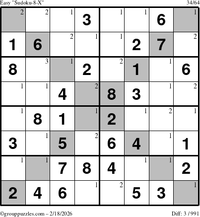The grouppuzzles.com Easy Sudoku-8-X puzzle for Wednesday February 18, 2026 with the first 3 steps marked