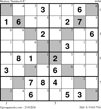 The grouppuzzles.com Medium Sudoku-8-X puzzle for Wednesday February 18, 2026, suitable for printing, with all 8 steps marked