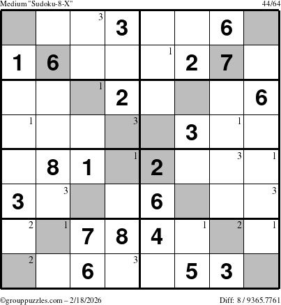 The grouppuzzles.com Medium Sudoku-8-X puzzle for Wednesday February 18, 2026 with the first 3 steps marked