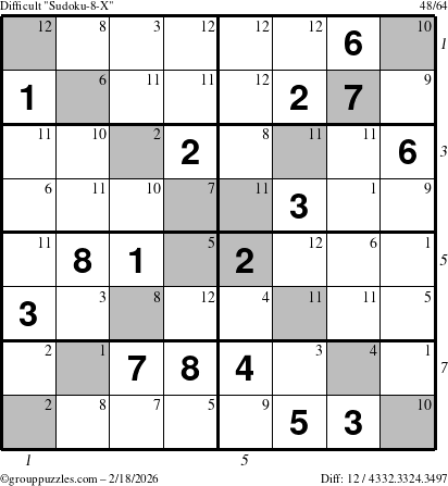 The grouppuzzles.com Difficult Sudoku-8-X puzzle for Wednesday February 18, 2026, suitable for printing, with all 12 steps marked