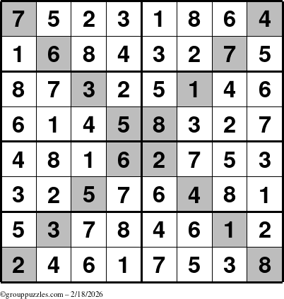 The grouppuzzles.com Answer grid for the Sudoku-8-X puzzle for Wednesday February 18, 2026
