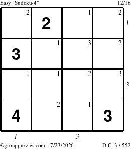 The grouppuzzles.com Easy Sudoku-4 puzzle for Thursday July 23, 2026, suitable for printing, with all 3 steps marked