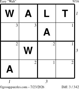 The grouppuzzles.com Easy Walt puzzle for Thursday July 23, 2026, suitable for printing, with all 3 steps marked