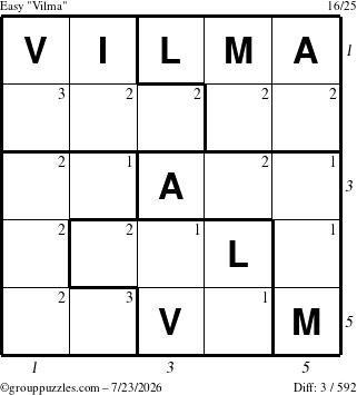 The grouppuzzles.com Easy Vilma puzzle for Thursday July 23, 2026 with all 3 steps marked