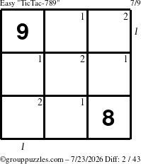 The grouppuzzles.com Easy TicTac-789 puzzle for Thursday July 23, 2026, suitable for printing, with all 2 steps marked