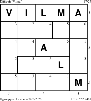 The grouppuzzles.com Difficult Vilma puzzle for Thursday July 23, 2026, suitable for printing, with all 6 steps marked