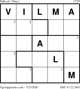 The grouppuzzles.com Difficult Vilma puzzle for Thursday July 23, 2026 with the first 3 steps marked