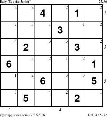 The grouppuzzles.com Easy Sudoku-Junior puzzle for Thursday July 23, 2026 with all 4 steps marked