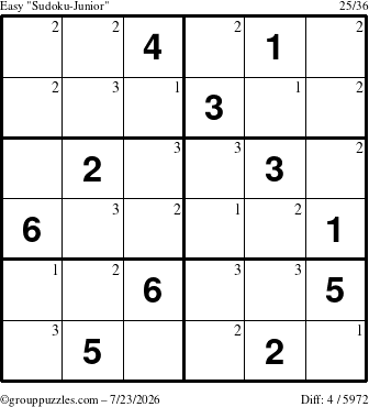 The grouppuzzles.com Easy Sudoku-Junior puzzle for Thursday July 23, 2026 with the first 3 steps marked