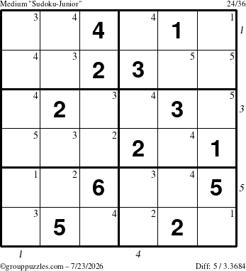 The grouppuzzles.com Medium Sudoku-Junior puzzle for Thursday July 23, 2026 with all 5 steps marked