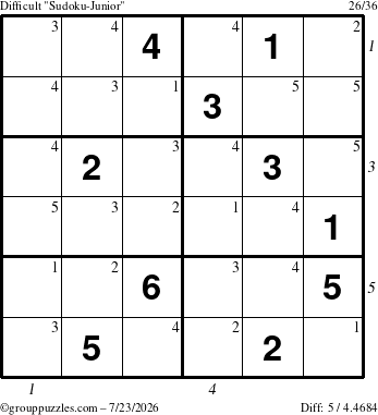 The grouppuzzles.com Difficult Sudoku-Junior puzzle for Thursday July 23, 2026, suitable for printing, with all 5 steps marked