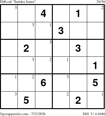 The grouppuzzles.com Difficult Sudoku-Junior puzzle for Thursday July 23, 2026 with the first 3 steps marked