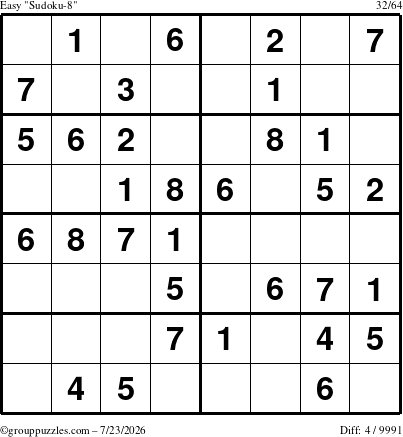 The grouppuzzles.com Easy Sudoku-8 puzzle for Thursday July 23, 2026