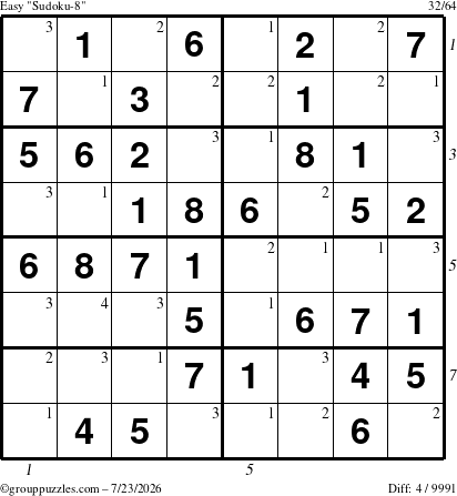 The grouppuzzles.com Easy Sudoku-8 puzzle for Thursday July 23, 2026, suitable for printing, with all 4 steps marked