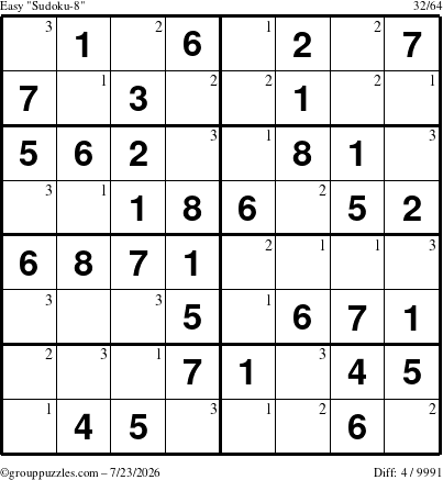 The grouppuzzles.com Easy Sudoku-8 puzzle for Thursday July 23, 2026 with the first 3 steps marked
