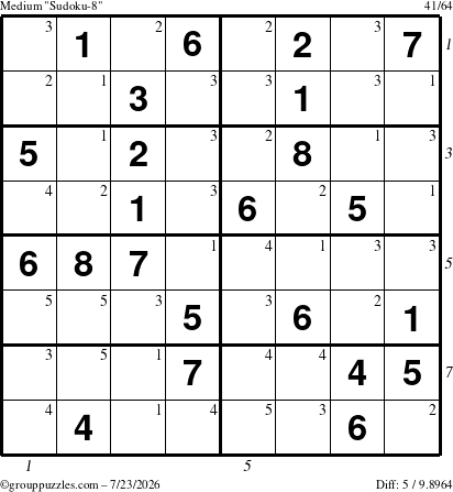 The grouppuzzles.com Medium Sudoku-8 puzzle for Thursday July 23, 2026 with all 5 steps marked