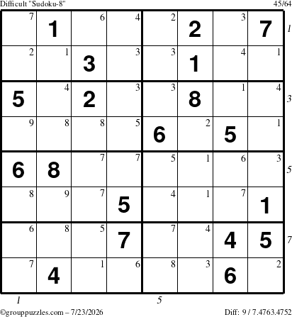 The grouppuzzles.com Difficult Sudoku-8 puzzle for Thursday July 23, 2026, suitable for printing, with all 9 steps marked