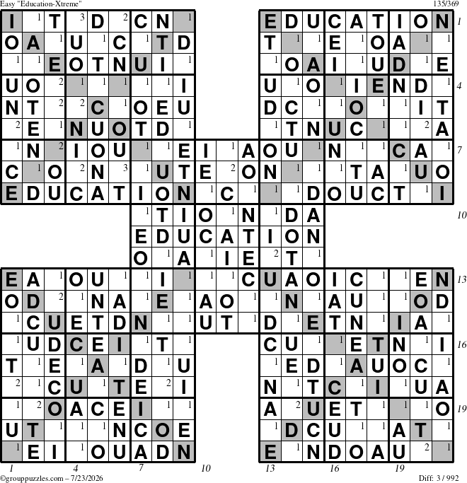 The grouppuzzles.com Easy Education-Xtreme puzzle for Thursday July 23, 2026, suitable for printing, with all 3 steps marked